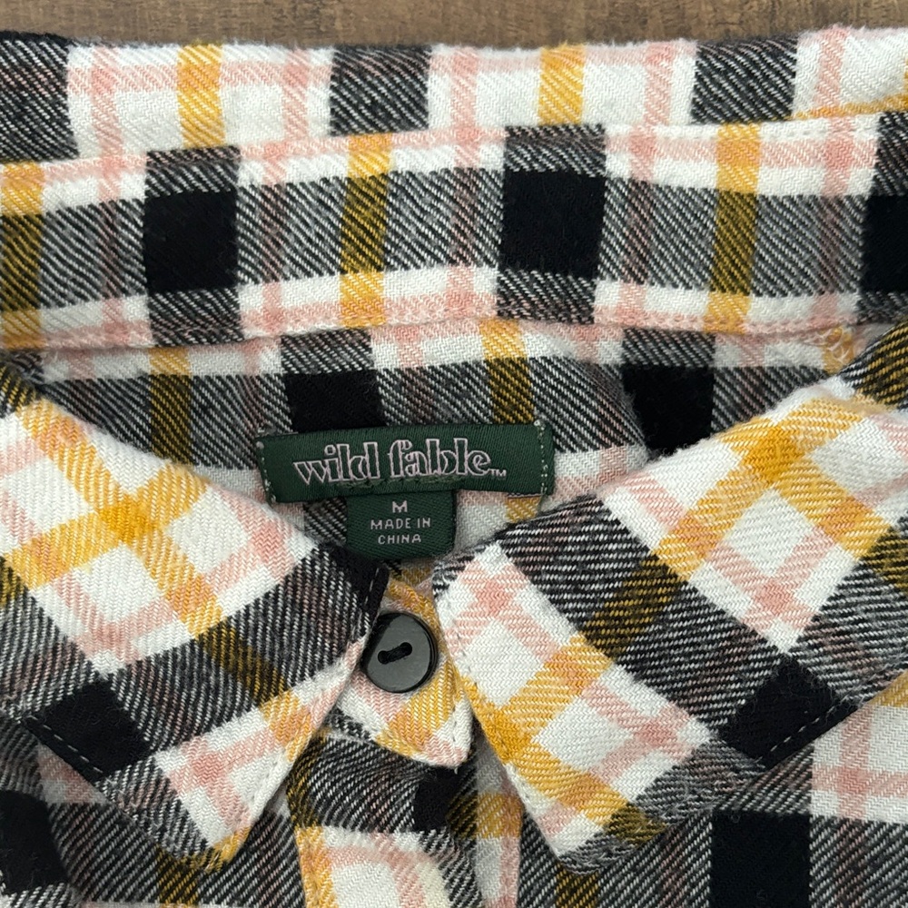 Wild Fable Target Cropped Multicolor Yellow & Pink Plaid Flannel Button Shirt - Picture 2 of 5